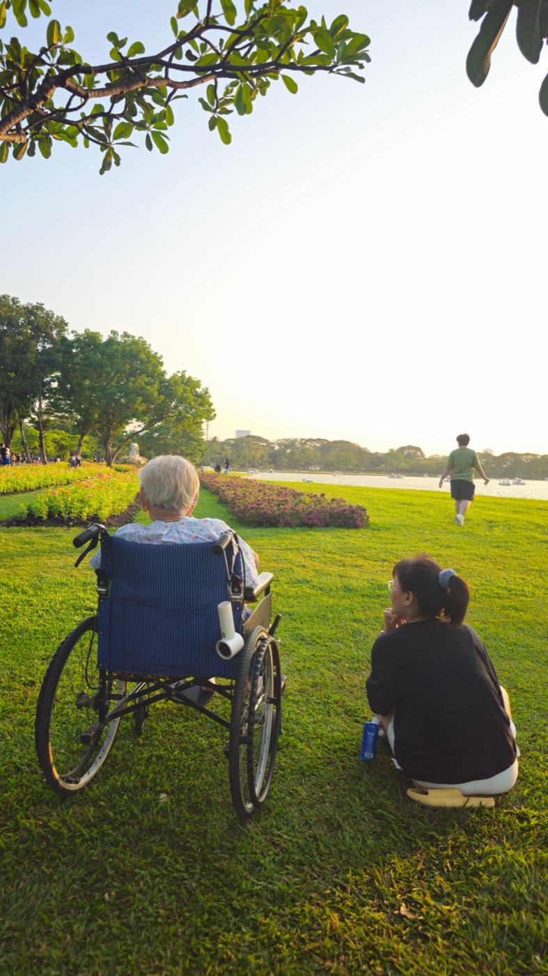 A caregiver crouches beside an older adult in a wheelchair, the two looking out over a park at sunset.